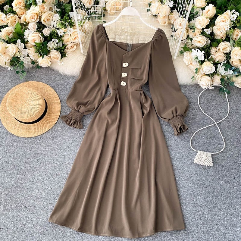 Elegant Korean Sleeve V Neck Solid A-line Streetwear Midi Long Dresses
