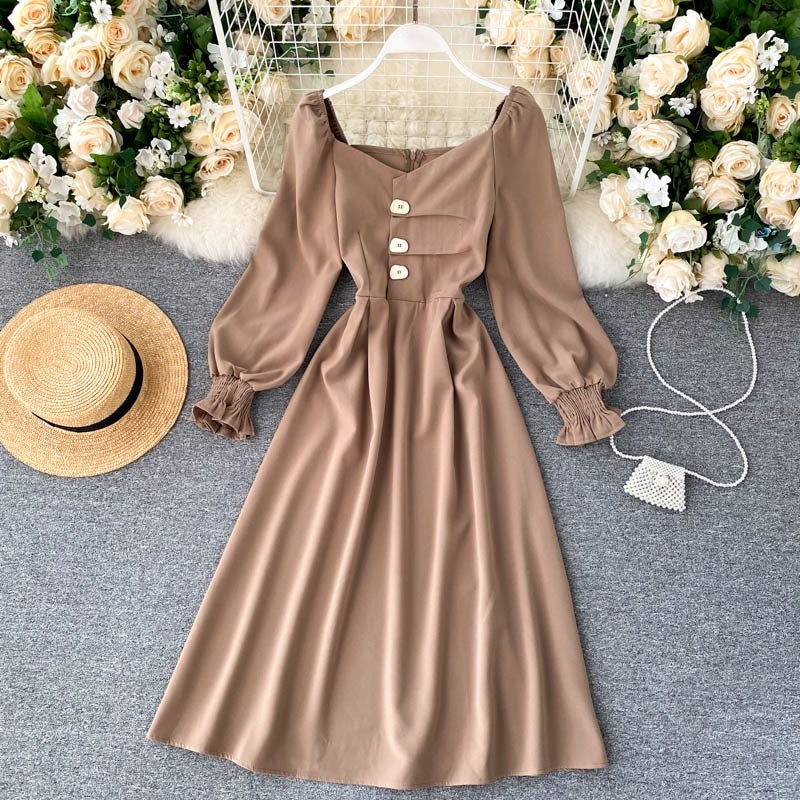 Elegant Korean Sleeve V Neck Solid A-line Streetwear Midi Long Dresses