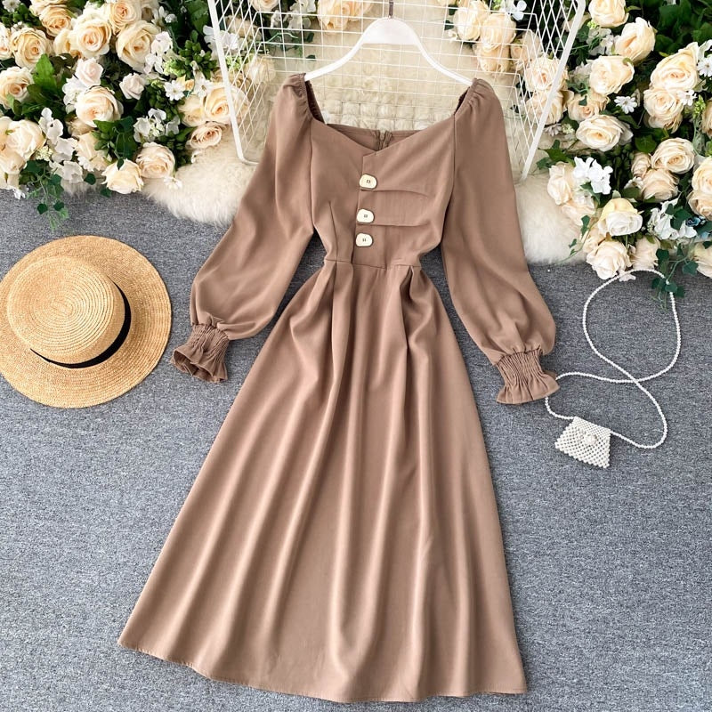 Elegant Korean Sleeve V Neck Solid A-line Streetwear Midi Long Dresses