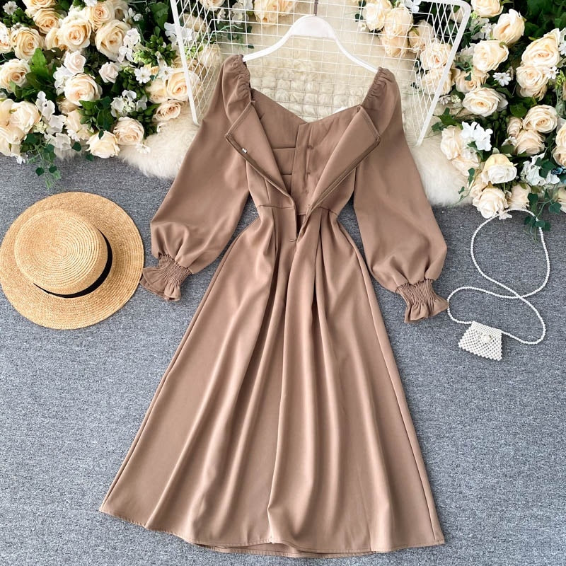 Elegant Korean Sleeve V Neck Solid A-line Streetwear Midi Long Dresses
