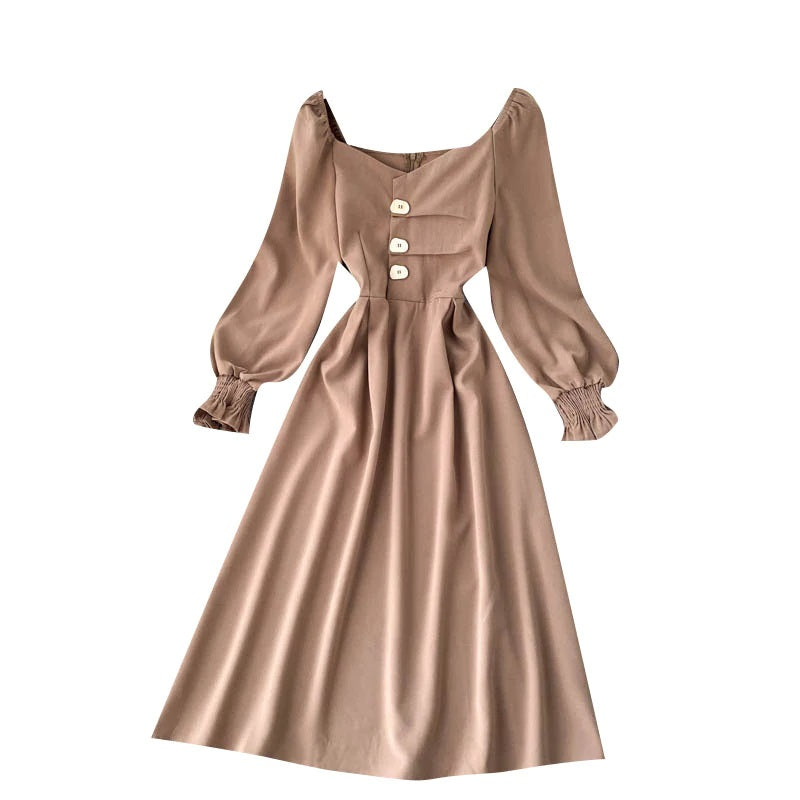 Elegant Korean Sleeve V Neck Solid A-line Streetwear Midi Long Dresses