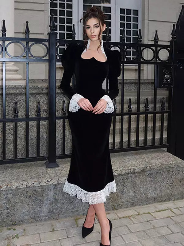 Elegant Lace Details Sweetheart Flared Long Sleeve Velvet Dress