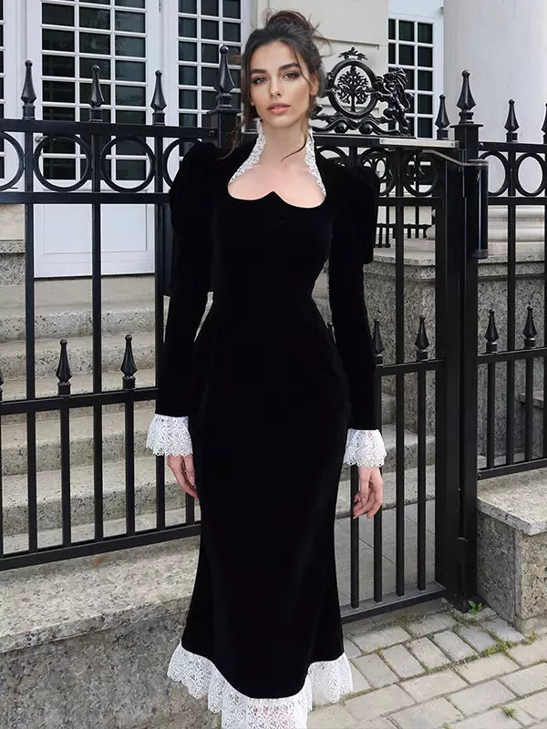 Elegant Lace Details Sweetheart Flared Long Sleeve Velvet Dress