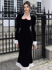 Elegant Lace Details Sweetheart Flared Long Sleeve Velvet Dress