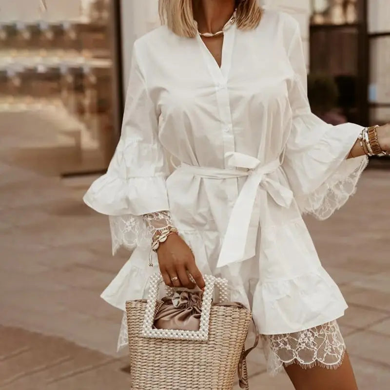Elegant Lace Dress Flare Sleeve Solid mini dress
