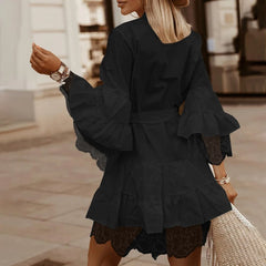 Elegant Lace Dress Flare Sleeve Solid mini dress