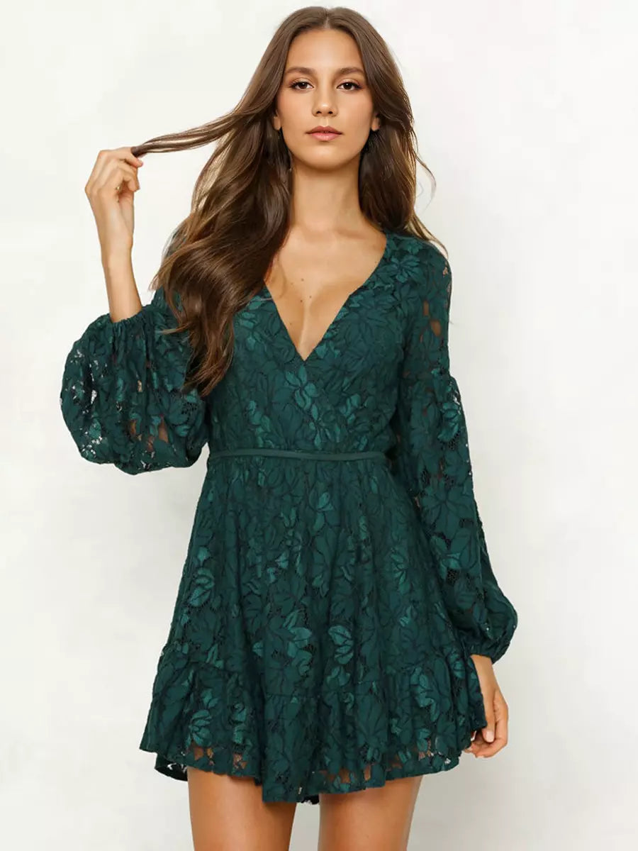 Elegant Lace Embellishment V-Neck Mini Dress With Lantern Sleeves