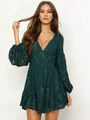 Elegant Lace Embellishment V-Neck Mini Dress With Lantern Sleeves