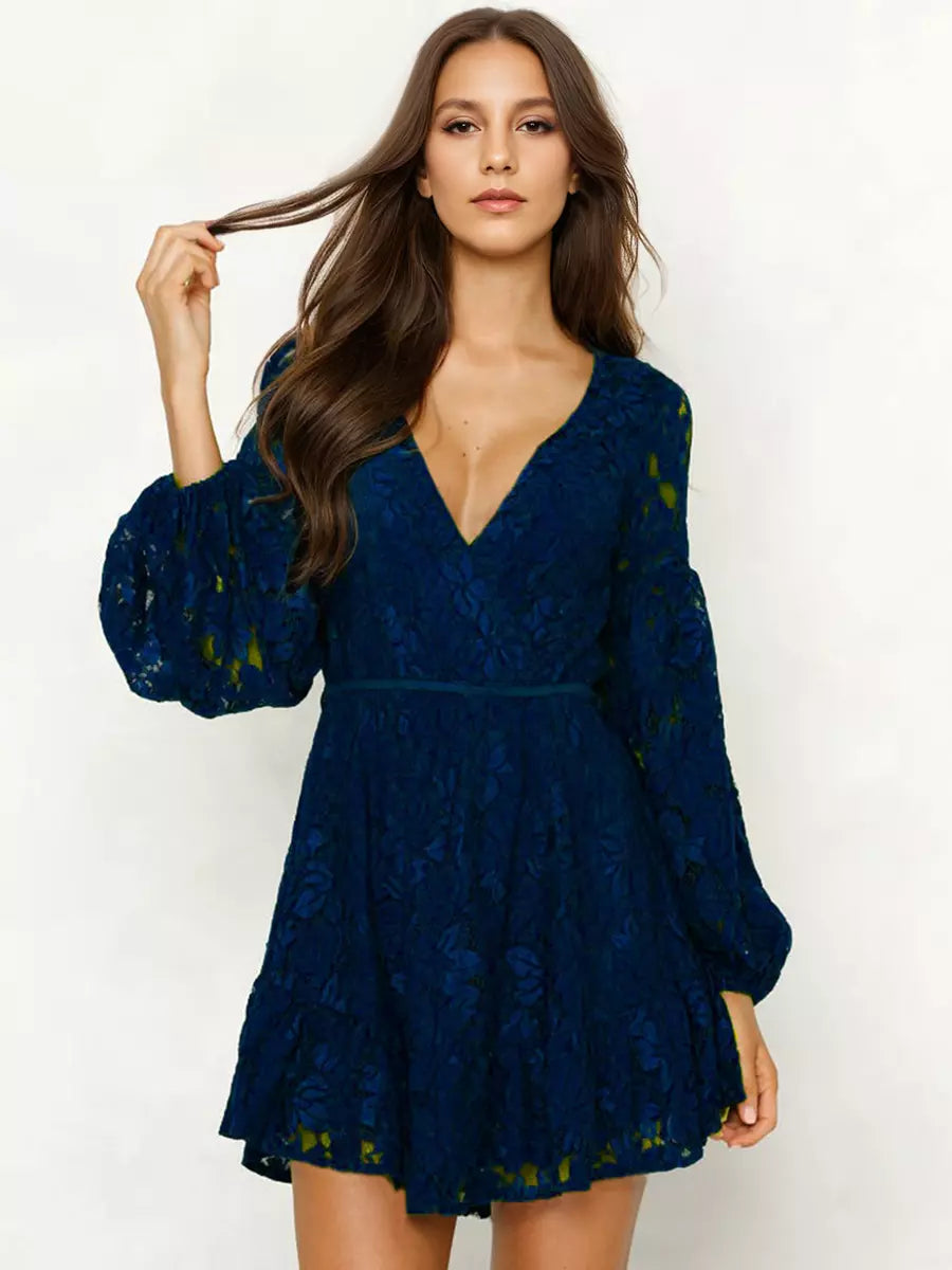 Elegant Lace Embellishment V-Neck Mini Dress With Lantern Sleeves