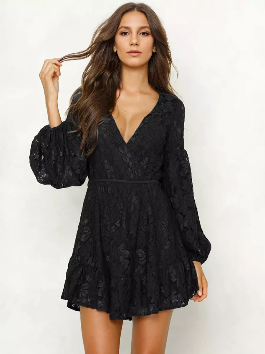 Elegant Lace Embellishment V-Neck Mini Dress With Lantern Sleeves