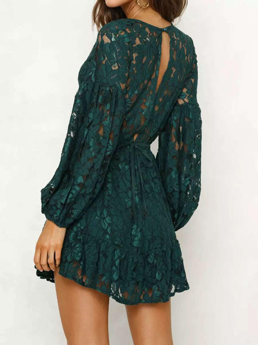 Elegant Lace Embellishment V-Neck Mini Dress With Lantern Sleeves