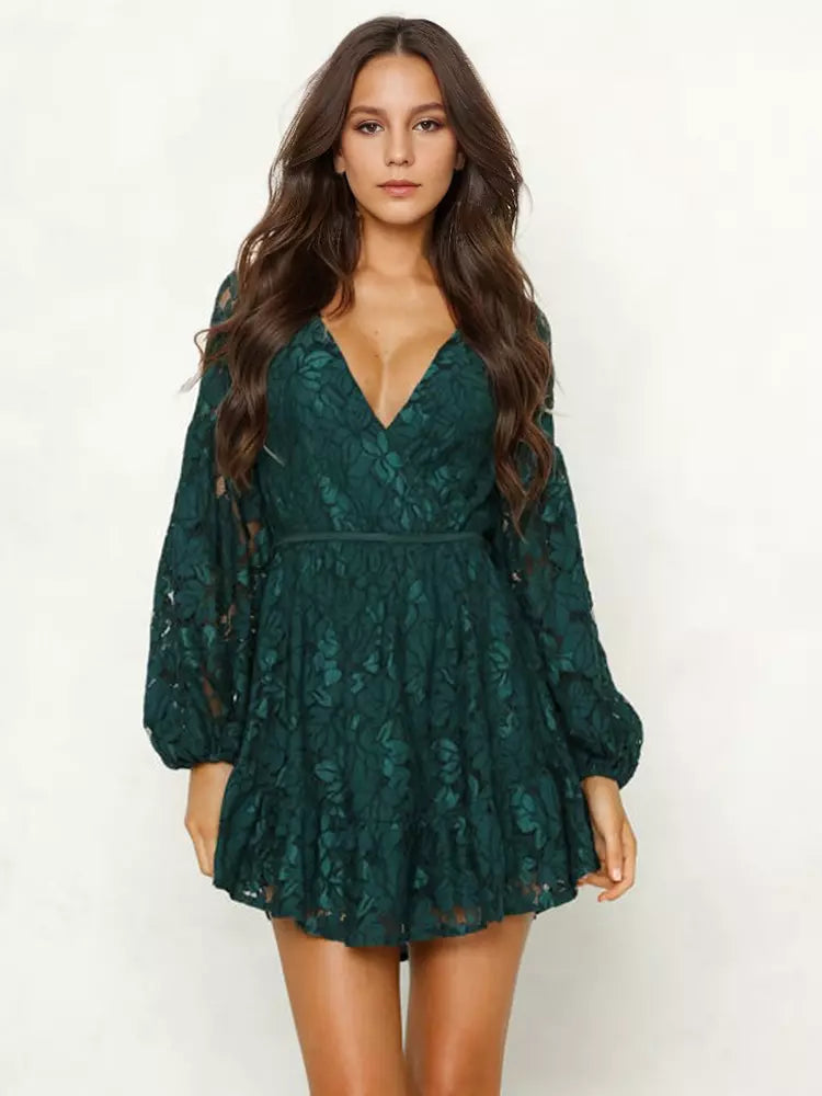 Elegant Lace Embellishment V-Neck Mini Dress With Lantern Sleeves