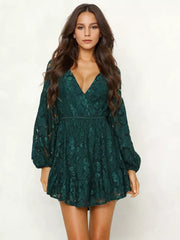 Elegant Lace Embellishment V-Neck Mini Dress With Lantern Sleeves