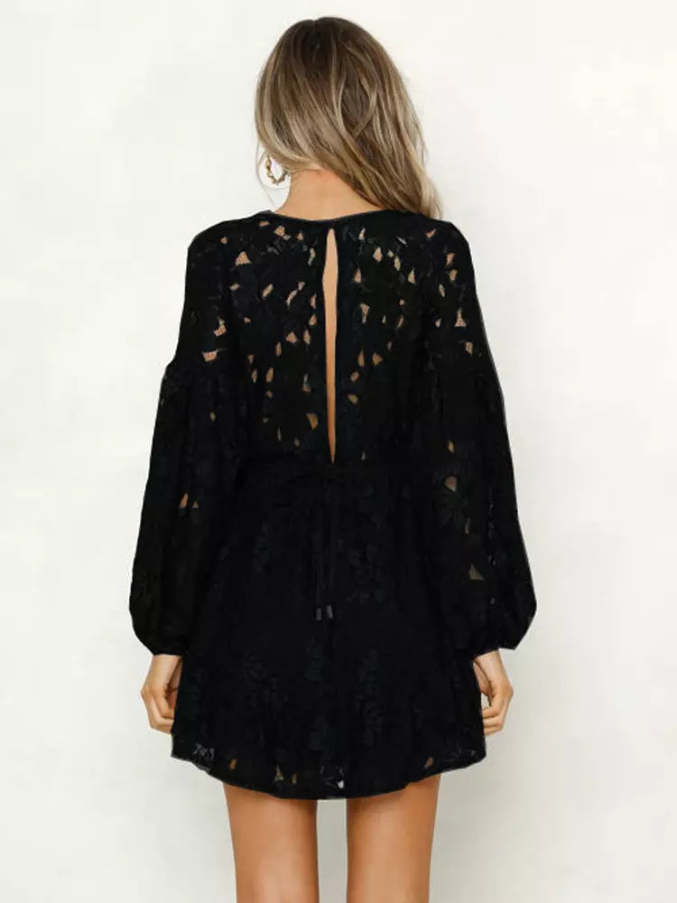 Elegant Lace Embellishment V-Neck Mini Dress With Lantern Sleeves