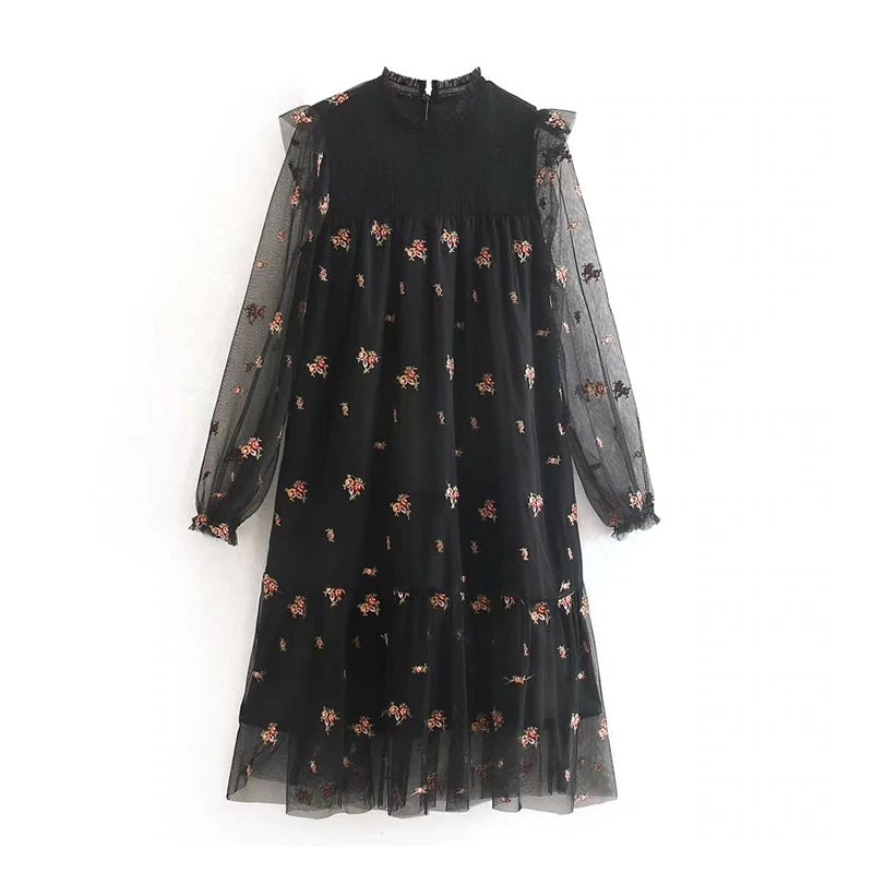 Elegant Lace Embroidery Sweet Ruffles Transparent Short Dress