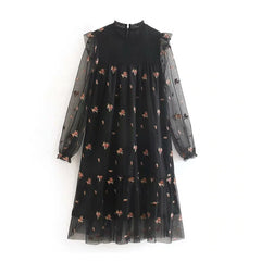 Elegant Lace Embroidery Sweet Ruffles Transparent Short Dress