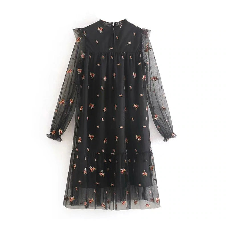 Elegant Lace Embroidery Sweet Ruffles Transparent Short Dress