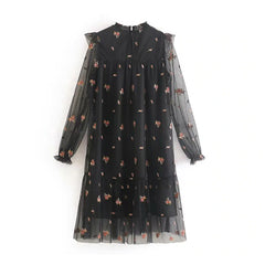 Elegant Lace Embroidery Sweet Ruffles Transparent Short Dress