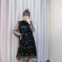 Elegant Lace Embroidery Sweet Ruffles Transparent Short Dress