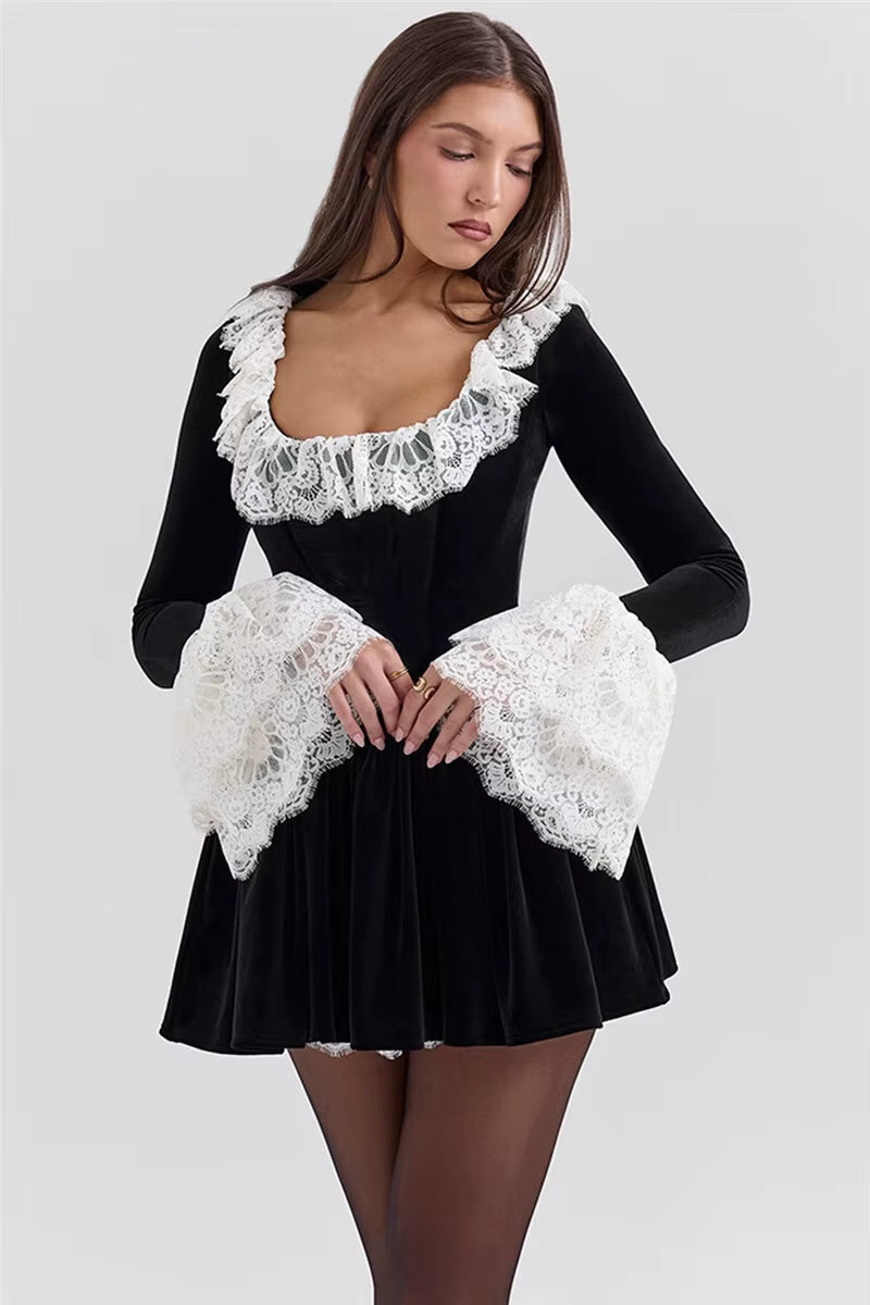 Elegant Lace Flare Long Sleeve Square Collar High Waist Pleated Mini Dress