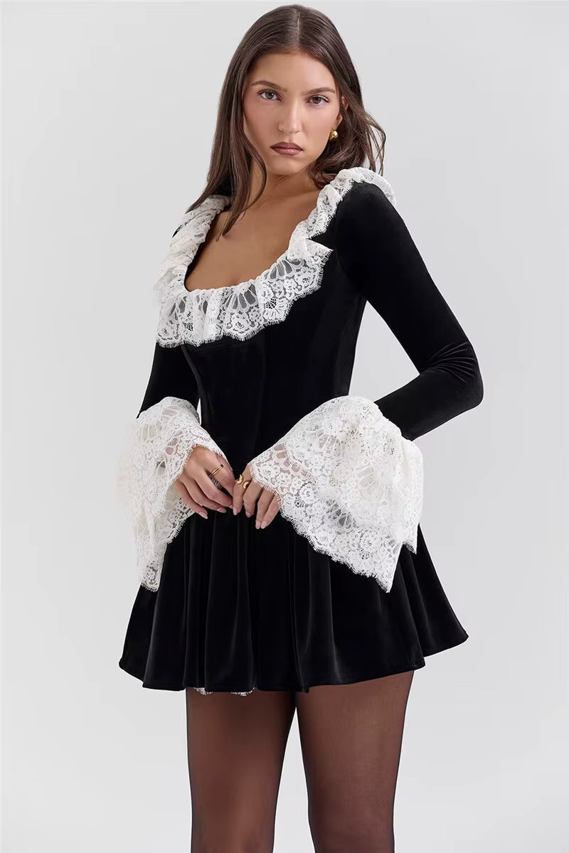 Elegant Lace Flare Long Sleeve Square Collar High Waist Pleated Mini Dress