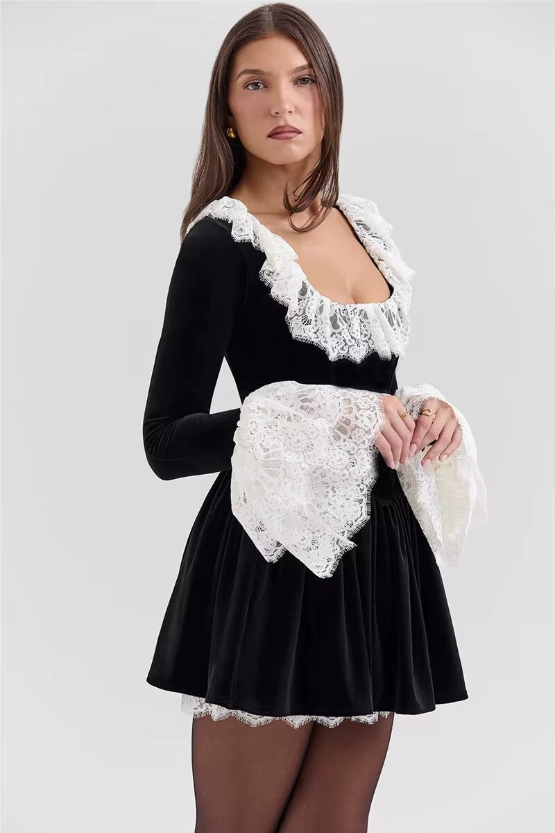Elegant Lace Flare Long Sleeve Square Collar High Waist Pleated Mini Dress