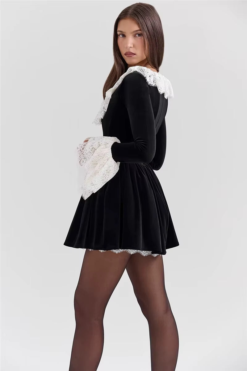 Elegant Lace Flare Long Sleeve Square Collar High Waist Pleated Mini Dress