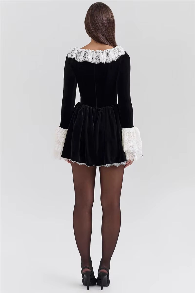 Elegant Lace Flare Long Sleeve Square Collar High Waist Pleated Mini Dress