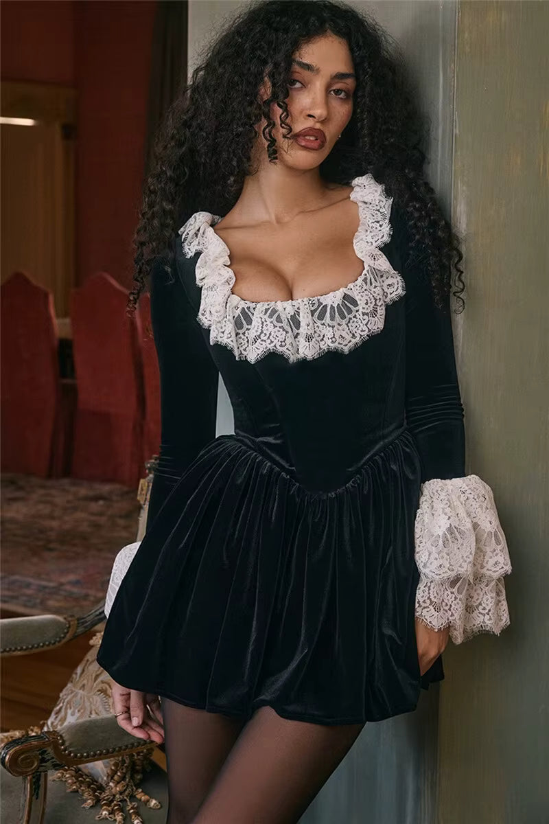 Elegant Lace Flare Long Sleeve Square Collar High Waist Pleated Mini Dress