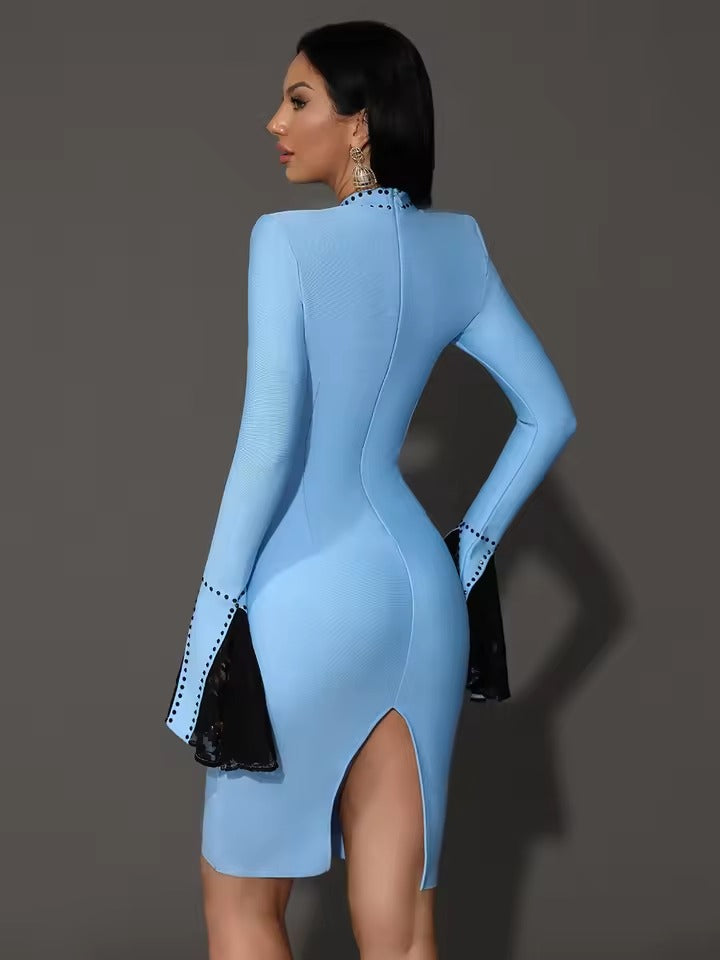 Elegant Lace Flare Sleeve Beaded Tight Bandage Knee Length Dress