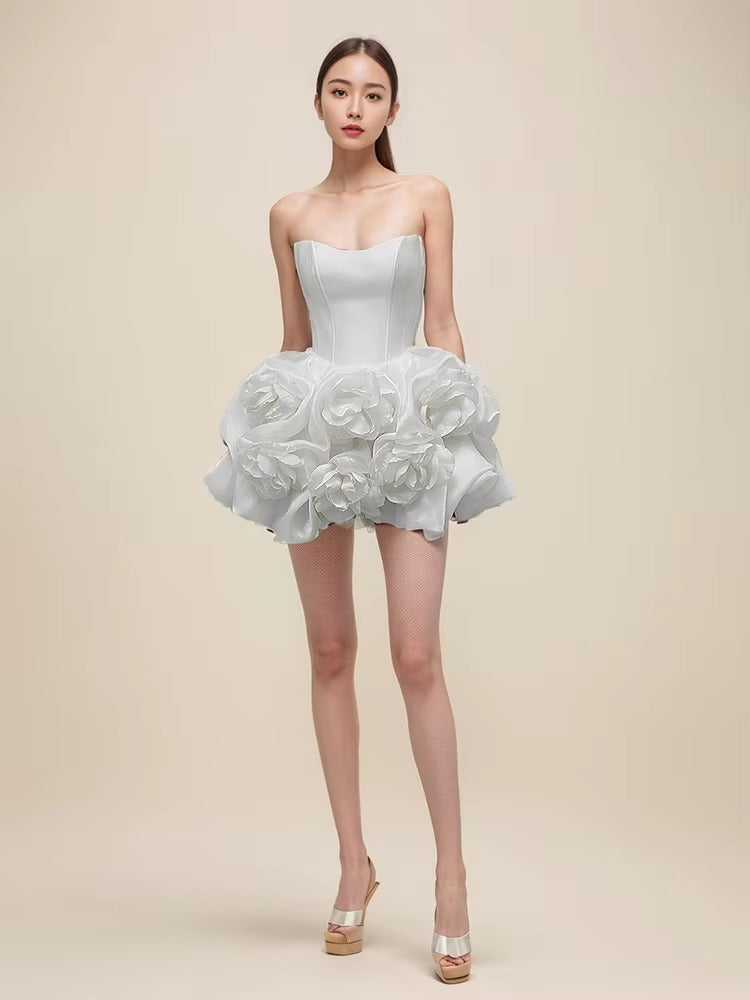Elegant Lace Flower Strapless Zipper Birthday Party Mini Dress