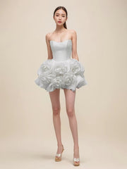 Elegant Lace Flower Strapless Zipper Birthday Party Mini Dress