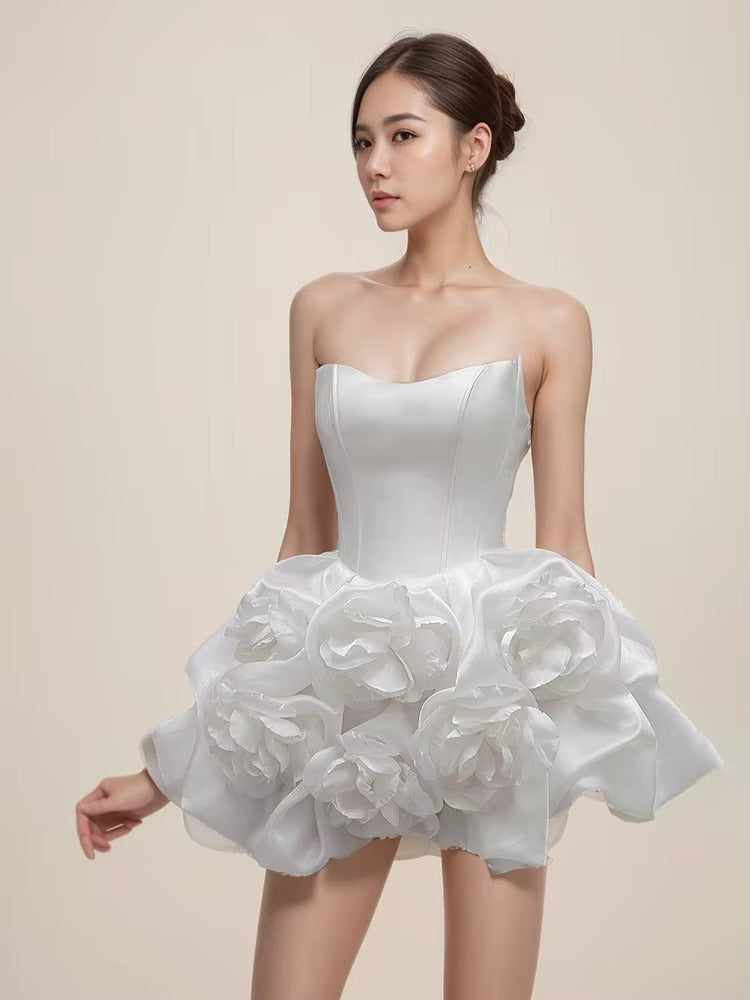 Elegant Lace Flower Strapless Zipper Birthday Party Mini Dress