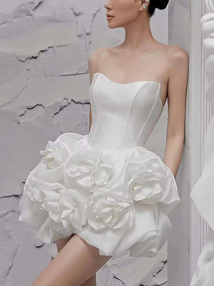 Elegant Lace Flower Strapless Zipper Birthday Party Mini Dress