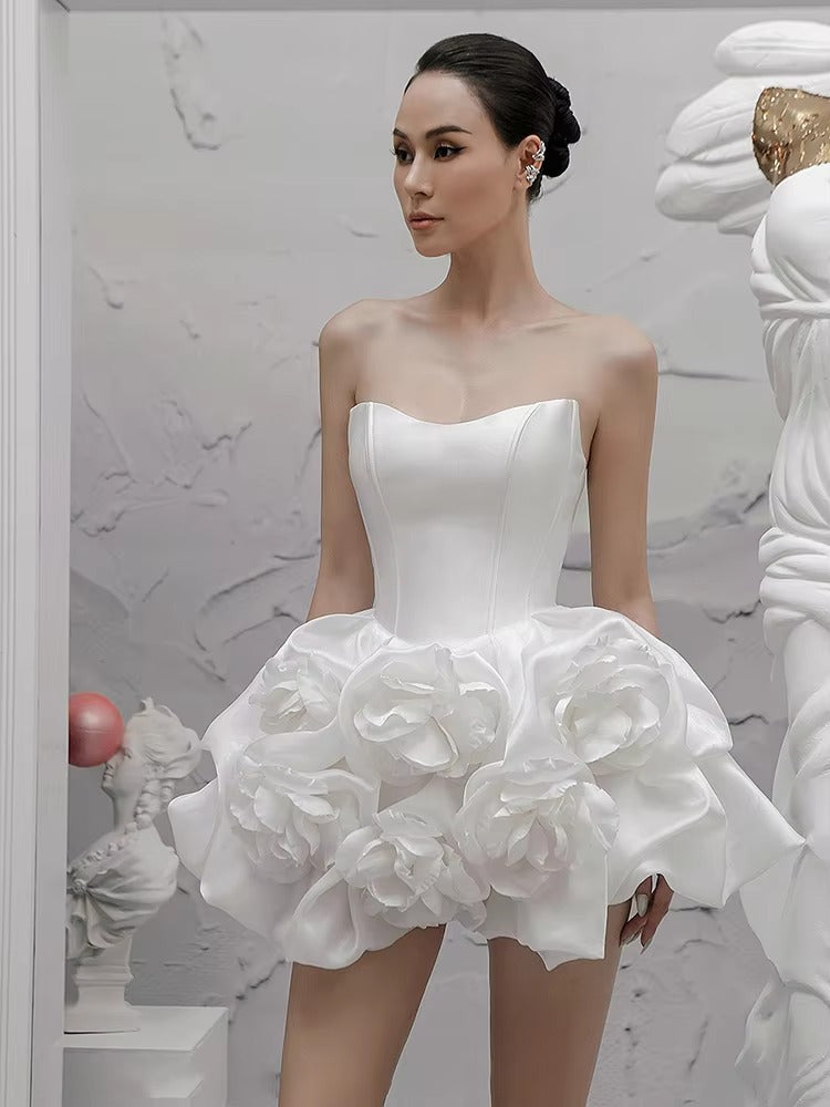 Elegant Lace Flower Strapless Zipper Birthday Party Mini Dress