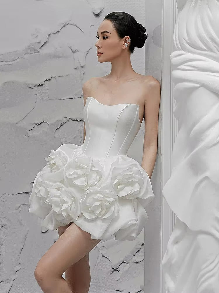 Elegant Lace Flower Strapless Zipper Birthday Party Mini Dress
