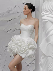 Elegant Lace Flower Strapless Zipper Birthday Party Mini Dress
