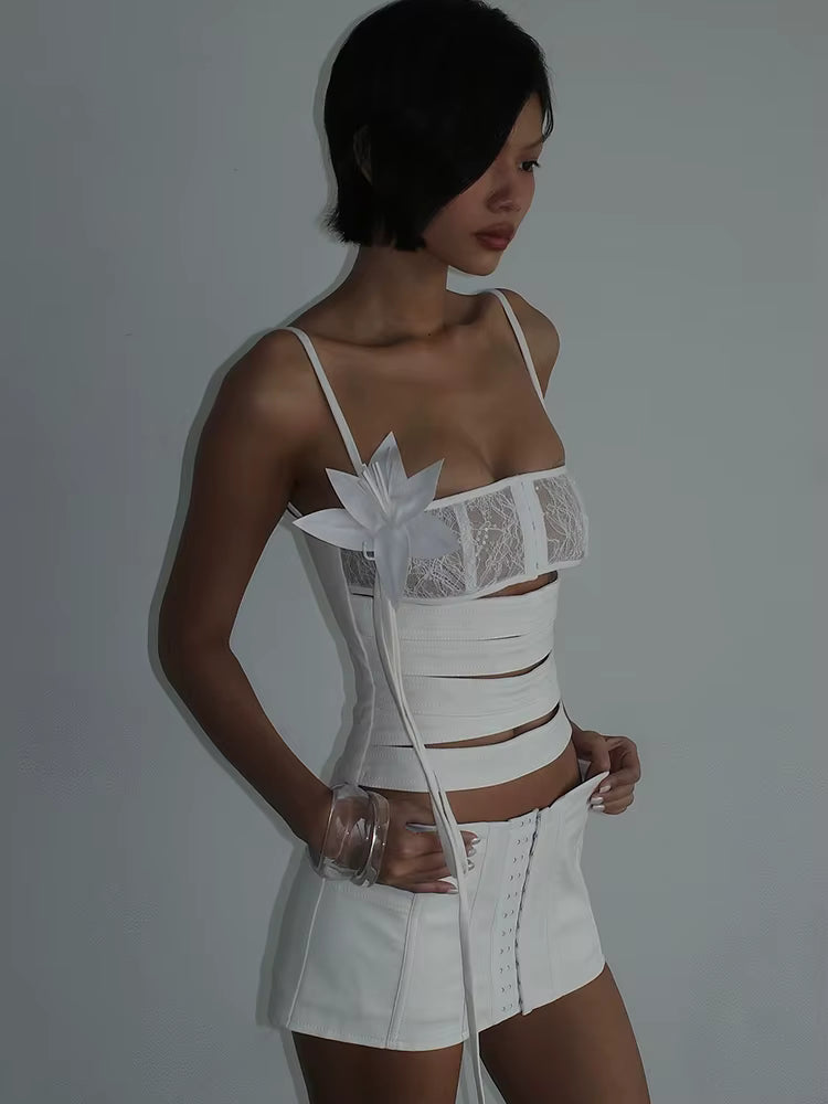 Elegant Lace Halter Hollow 3d Flower Top Single-Breasted Buckle Skirts 2 Piece Set
