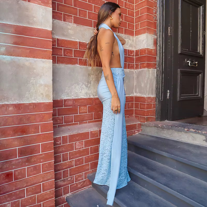 Elegant Lace Hollow Out Patchwork Hanging Neck Bandage Long Dress