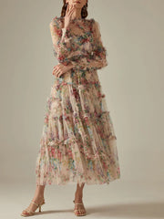 Elegant Lace Lantern Sleeve Mesh Print Cascading Ruffle Vacation Ball Gown Dresses
