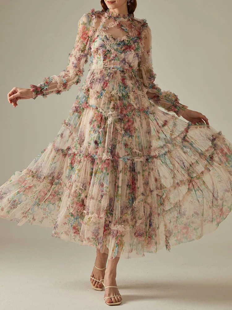 Elegant Lace Lantern Sleeve Mesh Print Cascading Ruffle Vacation Ball Gown Dresses