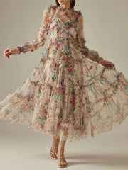 Elegant Lace Lantern Sleeve Mesh Print Cascading Ruffle Vacation Ball Gown Dresses