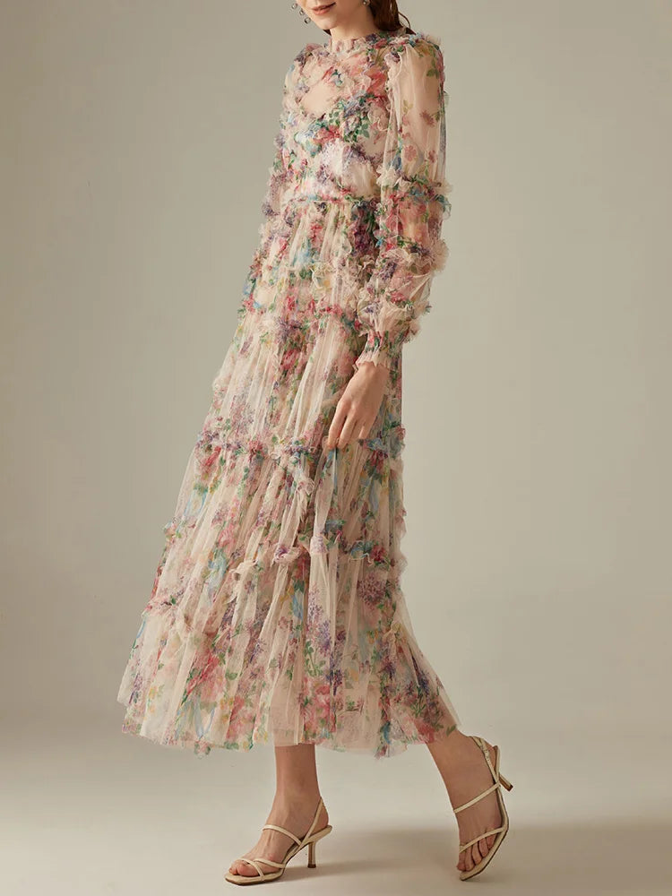 Elegant Lace Lantern Sleeve Mesh Print Cascading Ruffle Vacation Ball Gown Dresses