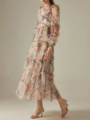 Elegant Lace Lantern Sleeve Mesh Print Cascading Ruffle Vacation Ball Gown Dresses