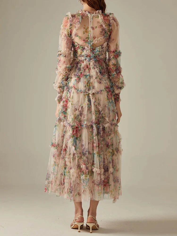 Elegant Lace Lantern Sleeve Mesh Print Cascading Ruffle Vacation Ball Gown Dresses