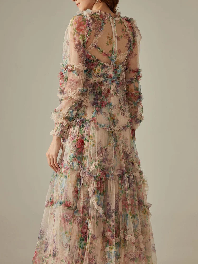 Elegant Lace Lantern Sleeve Mesh Print Cascading Ruffle Vacation Ball Gown Dresses