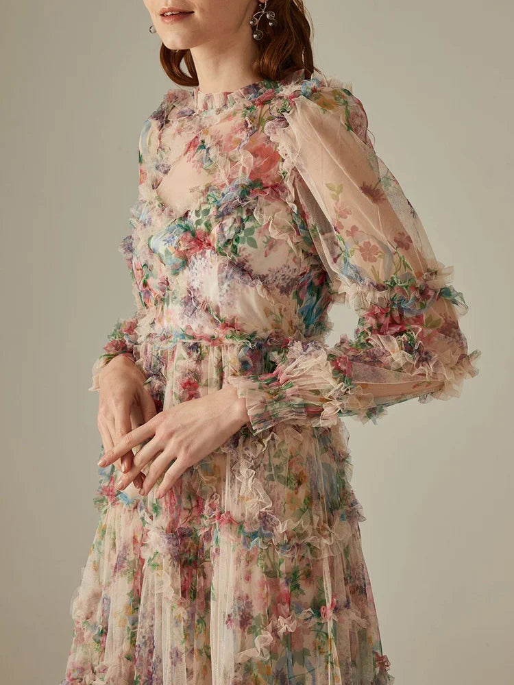 Elegant Lace Lantern Sleeve Mesh Print Cascading Ruffle Vacation Ball Gown Dresses