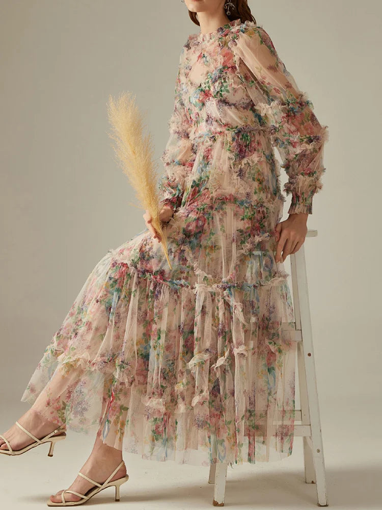 Elegant Lace Lantern Sleeve Mesh Print Cascading Ruffle Vacation Ball Gown Dresses