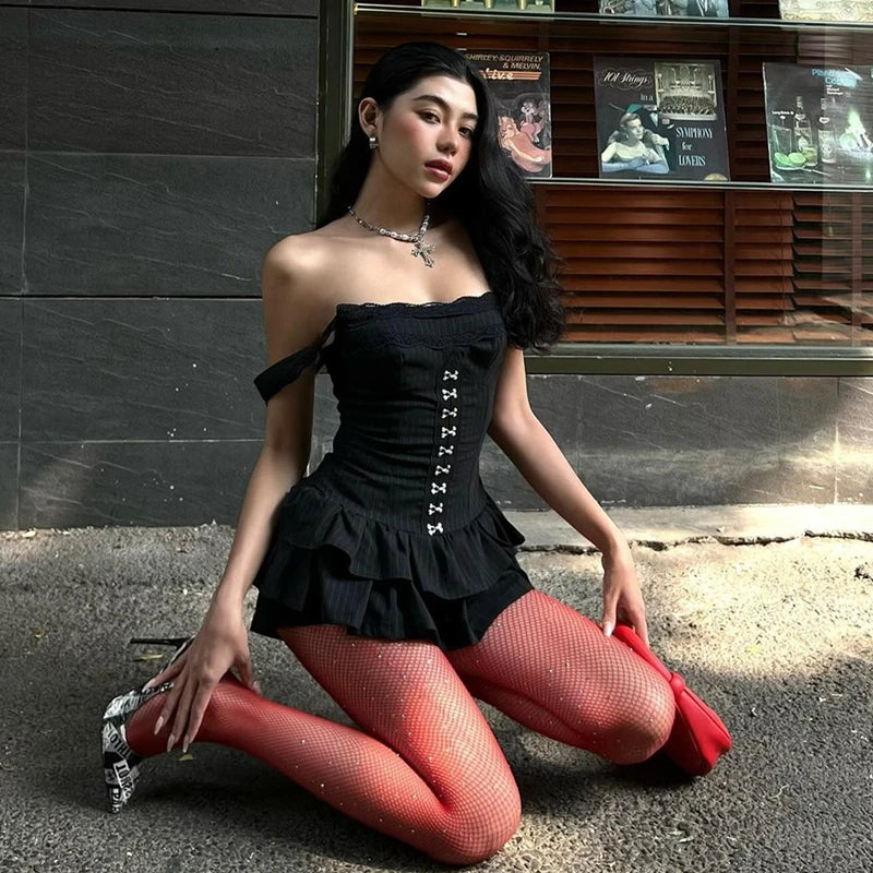 Elegant Lace One Line Neck Shoulder Fold Slim Fit Nightclub Mini Dress
