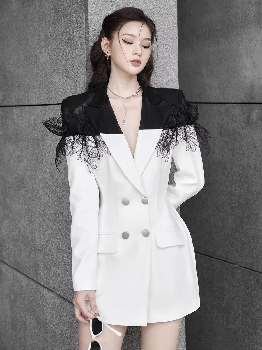 Elegant Lace Patchwork Double-Breasted Notched Office Mini Blazers Dress